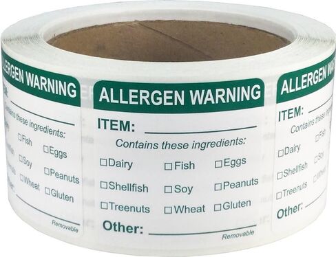 Removable Allergen Warning Labels, 2 Inch Square Food Rotation Stickers, 500 Total Adhesive Labels on a Roll for Kitchen Safety, Storage, and Food Prep – Made in The USA in Saudi Arabia