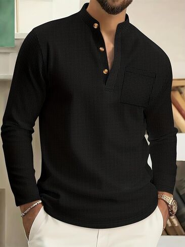 Men's Waffle Henley Long Sleeve Sweatshirt, Thermal Pullover Button Down Top for Casual Everyday Wear in Saudi Arabia