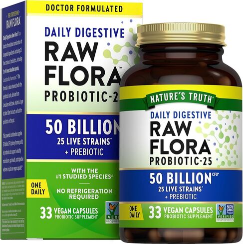 Raw Flora Probiotics with Prebiotics | 50 Billion CFU | 33 Daily Digestive Capsules | Vegan, Non-GMO & Gluten Free Supplement for Women and Men in Saudi Arabia