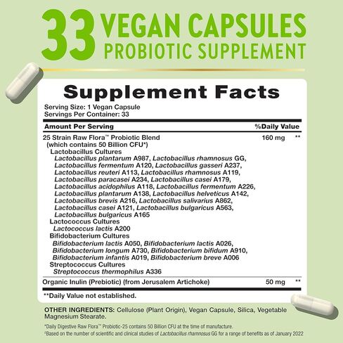 Raw Flora Probiotics with Prebiotics | 50 Billion CFU | 33 Daily Digestive Capsules | Vegan, Non-GMO & Gluten Free Supplement for Women and Men in Saudi Arabia