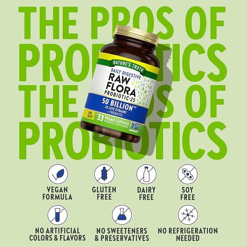 Raw Flora Probiotics with Prebiotics | 50 Billion CFU | 33 Daily Digestive Capsules | Vegan, Non-GMO & Gluten Free Supplement for Women and Men in Saudi Arabia