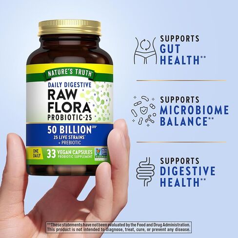 Raw Flora Probiotics with Prebiotics | 50 Billion CFU | 33 Daily Digestive Capsules | Vegan, Non-GMO & Gluten Free Supplement for Women and Men in Saudi Arabia