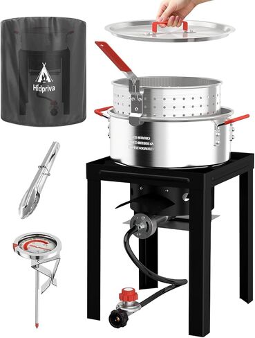 10QT Propane Fish Fryer with Lid ، و Gover ، و Fryer Tong & Thermometer ، وسلة 8qt للأسماك القلي ، وأجنحة الدجاج ، والبطاطا المقلية ، والمسليات العميقة مع منظم 5 رطل و 55000 وحدة حرارية بريطانية للطبخ في الهواء الطلق in Kuwait