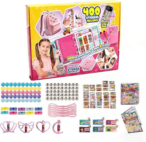 Jreiiolk Sticky Rolls Bracelet Kit - 350 ملصقات مصغرة قابلة لإعادة الاستخدام ، كتاب جامع من 60 صفحة ، 8 ملحقات لفات الملصقات | سوار وقلادة DIY للأطفال الذين تتراوح أعمارهم بين 5-12 in Kuwait