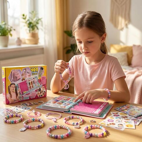 Jreiiolk Sticky Rolls Bracelet Kit - 350 ملصقات مصغرة قابلة لإعادة الاستخدام ، كتاب جامع من 60 صفحة ، 8 ملحقات لفات الملصقات | سوار وقلادة DIY للأطفال الذين تتراوح أعمارهم بين 5-12 in Kuwait