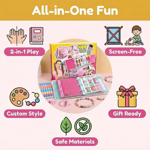 Jreiiolk Sticky Rolls Bracelet Kit - 350 ملصقات مصغرة قابلة لإعادة الاستخدام ، كتاب جامع من 60 صفحة ، 8 ملحقات لفات الملصقات | سوار وقلادة DIY للأطفال الذين تتراوح أعمارهم بين 5-12 in Kuwait