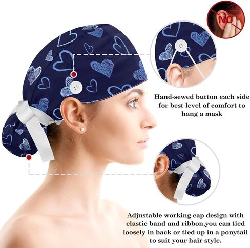قبعات فرك للنساء على شكل ذيل حصان، قبعات جراحية مع ربطات شعر منتفخة، قبعات فرك قابلة للتعديل للشعر الطويل الممرض، قلب أزرق لعيد الحب على اللون الأزرق الملكي in Kuwait