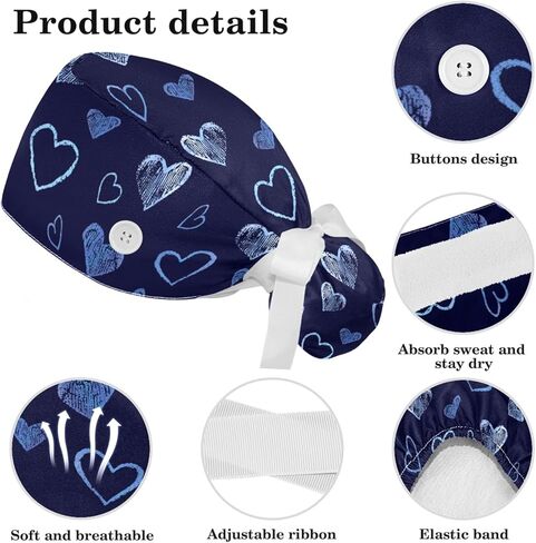 قبعات فرك للنساء على شكل ذيل حصان، قبعات جراحية مع ربطات شعر منتفخة، قبعات فرك قابلة للتعديل للشعر الطويل الممرض، قلب أزرق لعيد الحب على اللون الأزرق الملكي in Kuwait