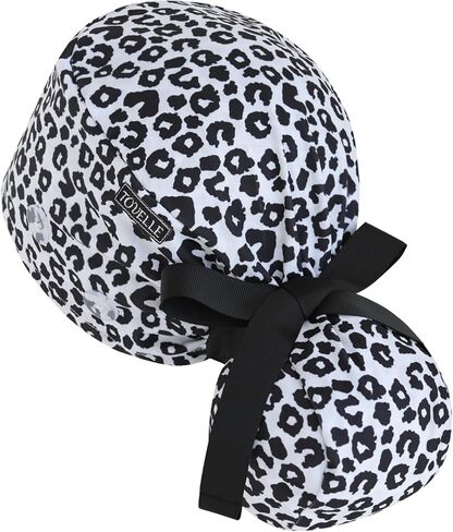 Scrub Caps Women Ponytail – Black and White Leopard Double-Sided Printed Surgical Hat with Buttons and Sweatband, Soft Nurse Cap for Long Hair, Helps Reduce Static Buildup in Saudi Arabia