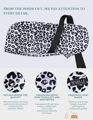 Scrub Caps Women Ponytail – Black and White Leopard Double-Sided Printed Surgical Hat with Buttons and Sweatband, Soft Nurse Cap for Long Hair, Helps Reduce Static Buildup in Saudi Arabia