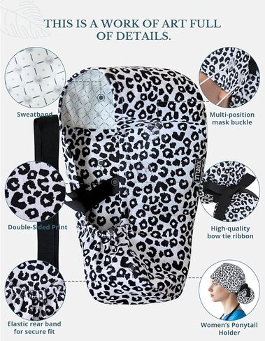 Scrub Caps Women Ponytail – Black and White Leopard Double-Sided Printed Surgical Hat with Buttons and Sweatband, Soft Nurse Cap for Long Hair, Helps Reduce Static Buildup in Saudi Arabia