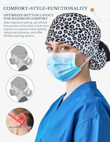 Scrub Caps Women Ponytail – Black and White Leopard Double-Sided Printed Surgical Hat with Buttons and Sweatband, Soft Nurse Cap for Long Hair, Helps Reduce Static Buildup in Saudi Arabia