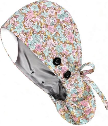 قبعة فرك للشعر الطويل مع أزرار قبعة عمل قابلة للتعديل قبعة التمريض القطنية للنساء قبعات جراحية مفردة أو مبطنة بالساتان in Kuwait