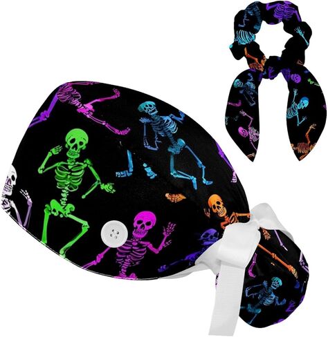 Women Long Hair Working Cap Scrub Caps Neon Skeleton Pattern Surgical Hat Ponytail Holder Button Sweatband in Saudi Arabia