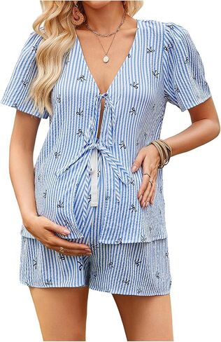 MakeMeChic Women's Boho Maternity 2 Piece Striped Outfits Bow Print Short Sleeve Blouse and Shorts Pregnancy Set Blue Large in Saudi Arabia