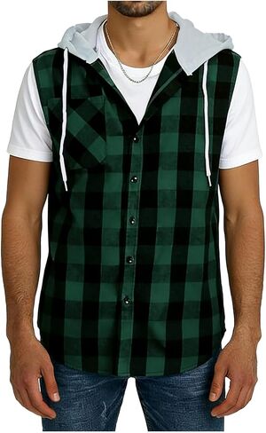 Men's Sleeveless Hoodie Shirt Plaid Button Down Pockets Casual Vest Top with Hood Lightweight Spring Summer Shirts in Saudi Arabia