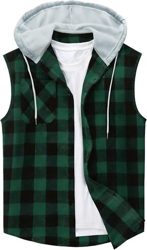 Men's Sleeveless Hoodie Shirt Plaid Button Down Pockets Casual Vest Top with Hood Lightweight Spring Summer Shirts in Saudi Arabia