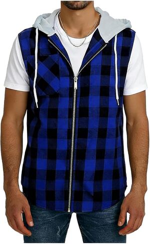 Men's Sleeveless Hoodie Shirt Plaid Button Down Pockets Casual Vest Top with Hood Lightweight Spring Summer Shirts in Saudi Arabia