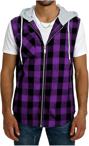 Men's Sleeveless Hoodie Shirt Plaid Button Down Pockets Casual Vest Top with Hood Lightweight Spring Summer Shirts in Saudi Arabia