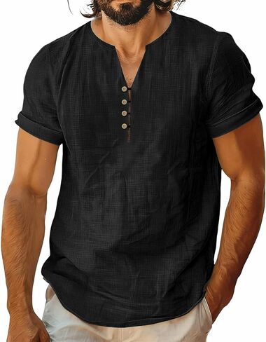 Cotton Linen V-Neck Short Sleeve Shirt for Men Casual Summer Top Breathable Lightweight Soft Relaxed Vacation Shirts in Saudi Arabia