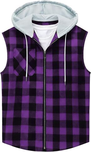 Men's Sleeveless Hoodie Shirt Plaid Button Down Pockets Casual Vest Top with Hood Lightweight Spring Summer Shirts in Saudi Arabia