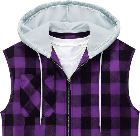 Men's Sleeveless Hoodie Shirt Plaid Button Down Pockets Casual Vest Top with Hood Lightweight Spring Summer Shirts in Saudi Arabia