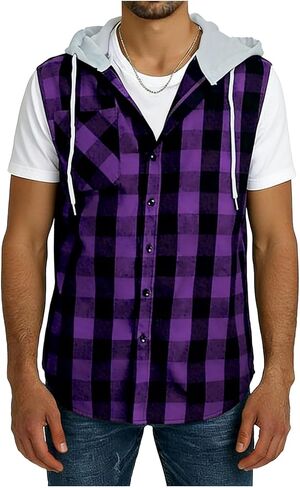 Men's Sleeveless Hoodie Shirt Plaid Button Down Pockets Casual Vest Top with Hood Lightweight Spring Summer Shirts in Saudi Arabia