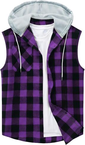 Men's Sleeveless Hoodie Shirt Plaid Button Down Pockets Casual Vest Top with Hood Lightweight Spring Summer Shirts in Saudi Arabia