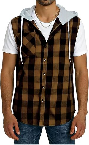 Men's Sleeveless Hoodie Shirt Plaid Button Down Pockets Casual Vest Top with Hood Lightweight Spring Summer Shirts in Saudi Arabia