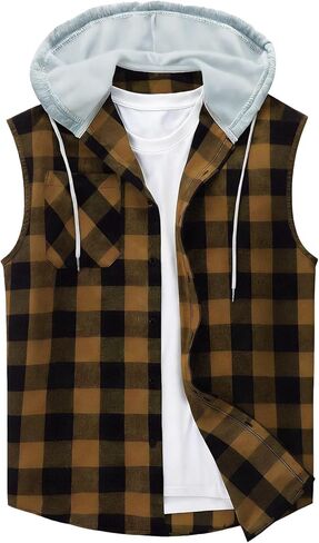 Men's Sleeveless Hoodie Shirt Plaid Button Down Pockets Casual Vest Top with Hood Lightweight Spring Summer Shirts in Saudi Arabia