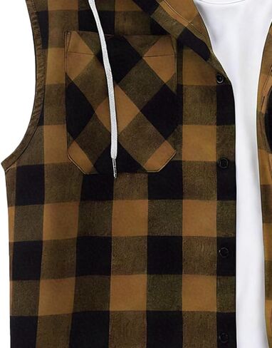 Men's Sleeveless Hoodie Shirt Plaid Button Down Pockets Casual Vest Top with Hood Lightweight Spring Summer Shirts in Saudi Arabia