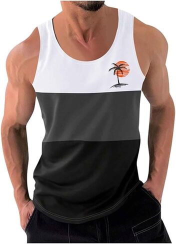 Men's Color Block Fitness Vest Print Pullover Round Neck Sports Tank Tops Breathable Gym Workout Summer Beach Shirt in Saudi Arabia