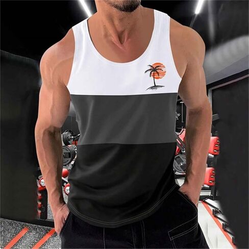 Men's Color Block Fitness Vest Print Pullover Round Neck Sports Tank Tops Breathable Gym Workout Summer Beach Shirt in Saudi Arabia