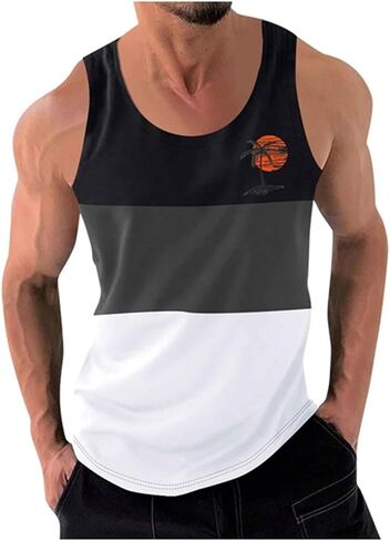 Men's Color Block Fitness Vest Print Pullover Round Neck Sports Tank Tops Breathable Gym Workout Summer Beach Shirt in Saudi Arabia
