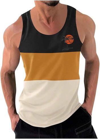 Men's Color Block Fitness Vest Print Pullover Round Neck Sports Tank Tops Breathable Gym Workout Summer Beach Shirt in Saudi Arabia