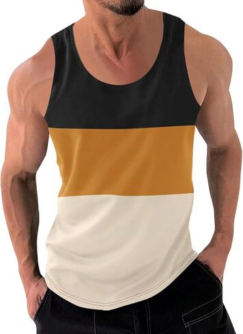 Men's Color Block Fitness Vest Print Pullover Round Neck Sports Tank Tops Breathable Gym Workout Summer Beach Shirt in Saudi Arabia