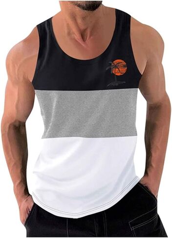 Men's Color Block Fitness Vest Print Pullover Round Neck Sports Tank Tops Breathable Gym Workout Summer Beach Shirt in Saudi Arabia