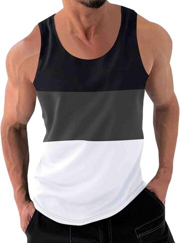 Men's Color Block Fitness Vest Print Pullover Round Neck Sports Tank Tops Breathable Gym Workout Summer Beach Shirt in Saudi Arabia