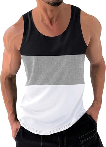 Men's Color Block Fitness Vest Print Pullover Round Neck Sports Tank Tops Breathable Gym Workout Summer Beach Shirt in Saudi Arabia