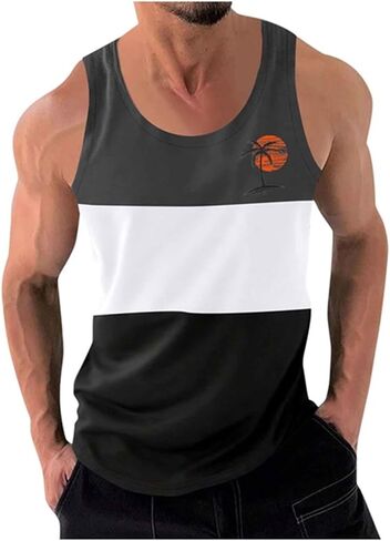 Men's Color Block Fitness Vest Print Pullover Round Neck Sports Tank Tops Breathable Gym Workout Summer Beach Shirt in Saudi Arabia