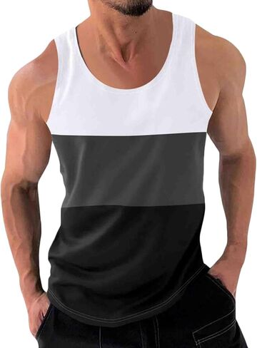 Men's Color Block Fitness Vest Print Pullover Round Neck Sports Tank Tops Breathable Gym Workout Summer Beach Shirt in Saudi Arabia