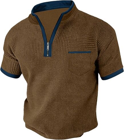 Mens Waffle Knit Short Sleeve Shirt Stand Collar Color Block Casual Pullover Top Textured Summer Fashion Button Shirts in Saudi Arabia