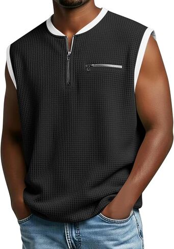 Men's Half Zipper Waffle Vest Sleeveless Faux Two-Piece Patchwork Tank Top Solid Casual Fashion Summer Breathable Shirt in Saudi Arabia