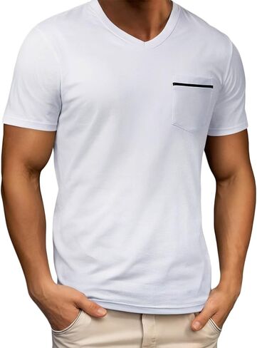 Mens V-Neck Short Sleeve Shirt Pocket Solid Casual Summer Top Soft Daily Basic Tee with Chest Pocket Comfortable Shirts in Saudi Arabia