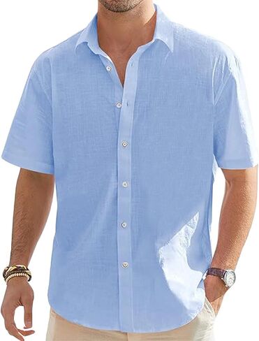 Men's Short Sleeve Button Down Shirt Cotton Linen Solid Collared Casual Summer Top Breathable Lightweight Beach Shirts in Saudi Arabia