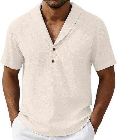 Men's Cotton Linen Casual Top Loose Fit Solid Short Sleeve Summer Breathable Lightweight Relaxed Beach Vacation Shirts in Saudi Arabia