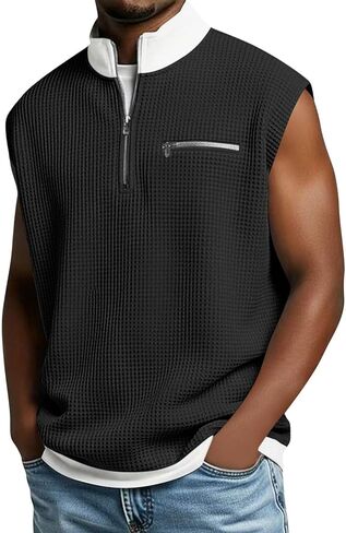 Stand Collar Half Zipper Vest for Men Waffle Solid Faux Two-Piece Patchwork Top Casual Summer Lightweight Tank Tops in Saudi Arabia