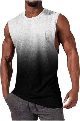 Men's Gradient Print Fitness Vest Crew Neck Pullover Sleeveless Top Breathable Lightweight Gym Running Sports Shirts in Saudi Arabia