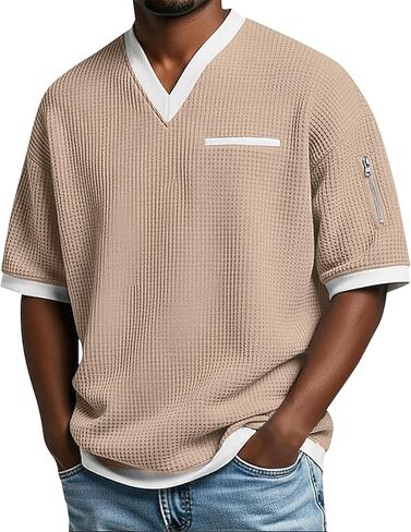 Men's Short Sleeve V-Neck Top Color Block Waffle Casual Fashion Summer Tee Shirt Soft Textured Breathable Pullover in Saudi Arabia