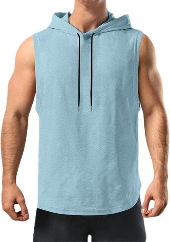 Men's Hooded Muscle Vest High-Elastic Sports Pullover Fitness Solid Sleeveless Tank Top Breathable Gym Workout Outfit in Saudi Arabia